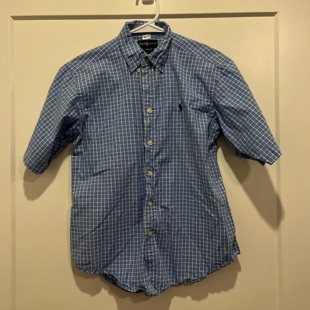 Ralph Lauren Boys Blue White Plaid Short Sleeve Button Down Shirt Size M 12-14